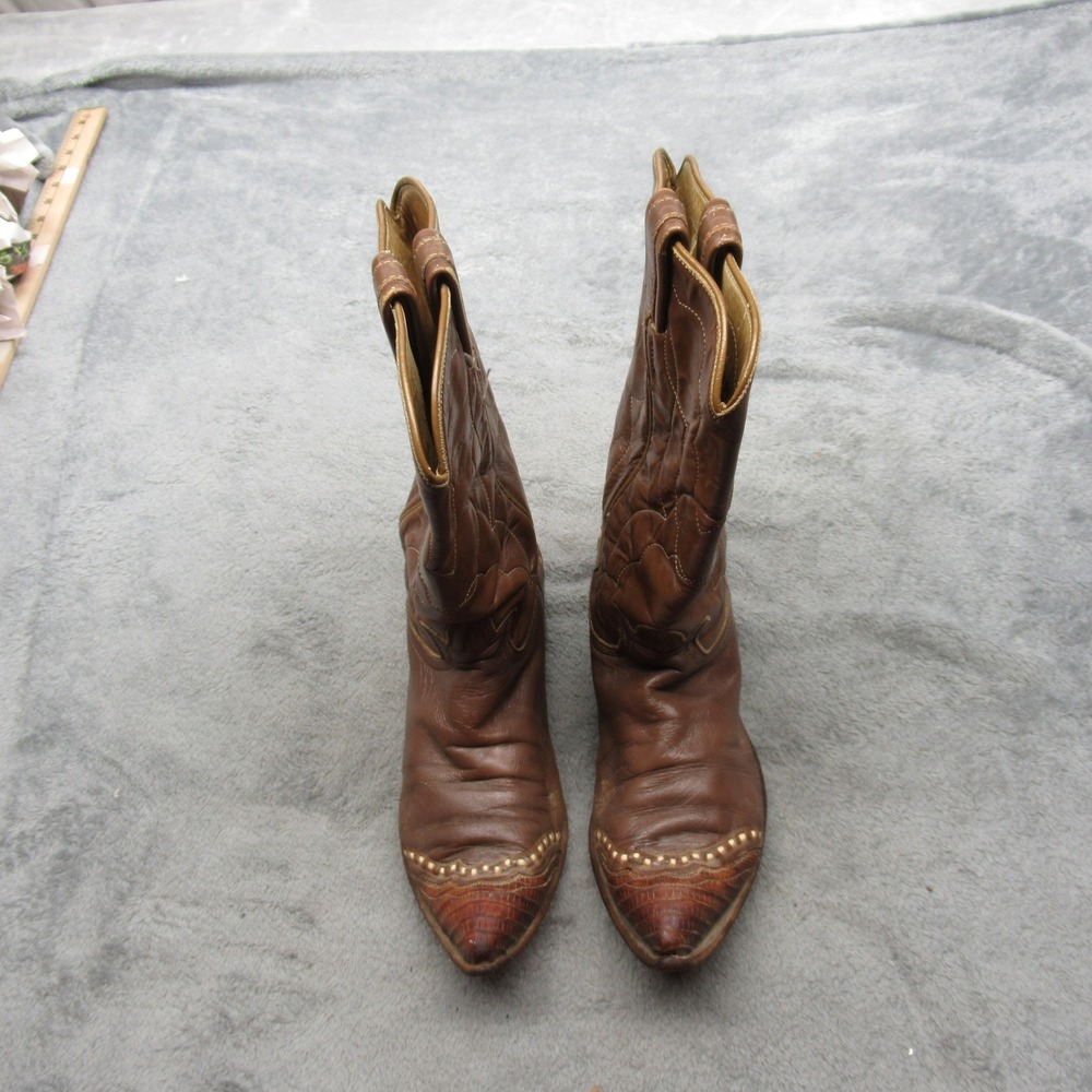 Tony Lama Men 9? Western Boots Brown Leather Cowboy Pointed Reptile Toe USA READ